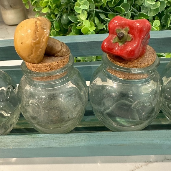 Spice Rack Kitchen  Wooden Wall with Glass Jars Mushroom Veggies EUC - Picture 5 of 10